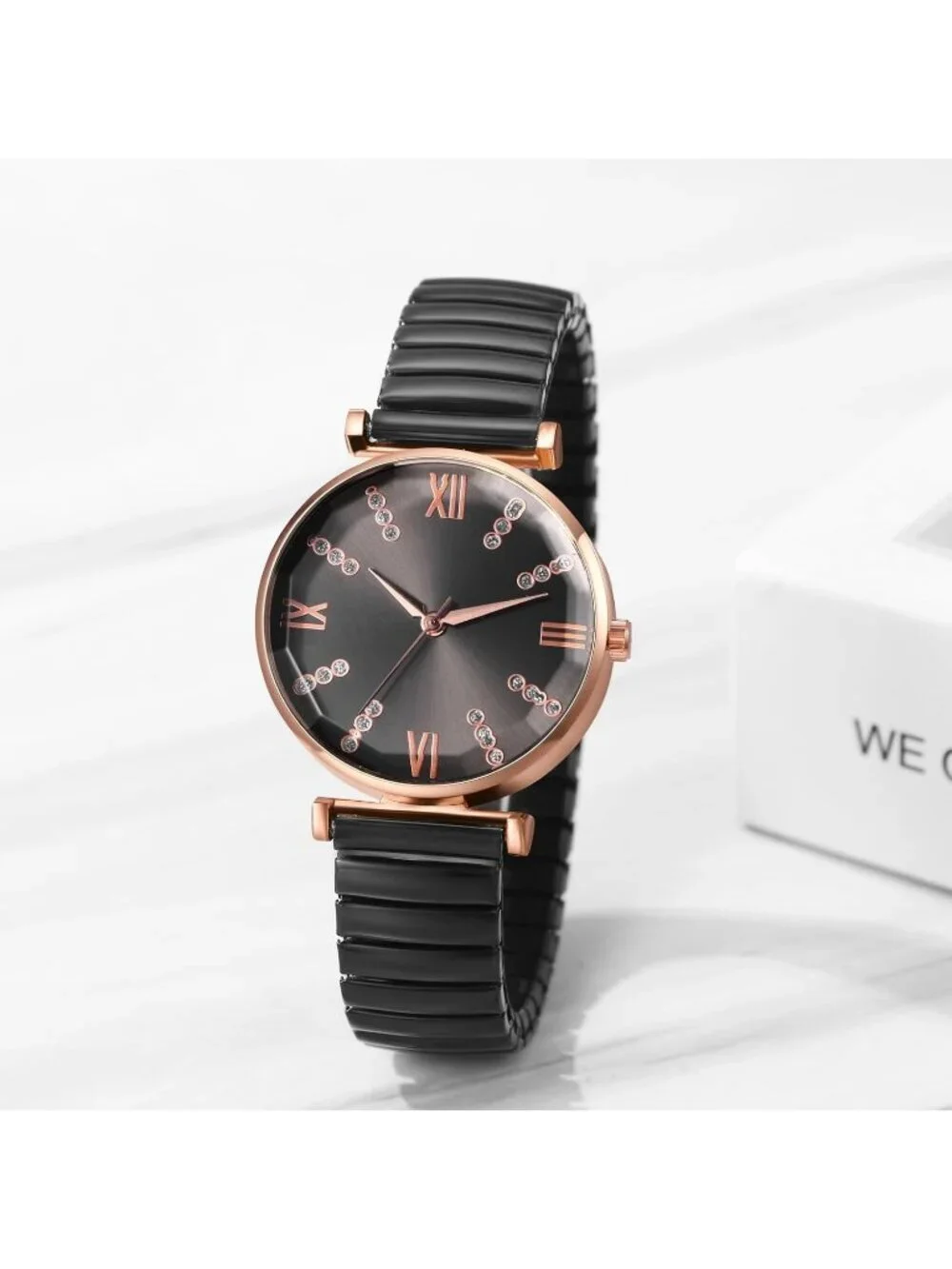 Women's All Black Analog Elastic Strap Arabic Numerals Waterproof Wrist Watch